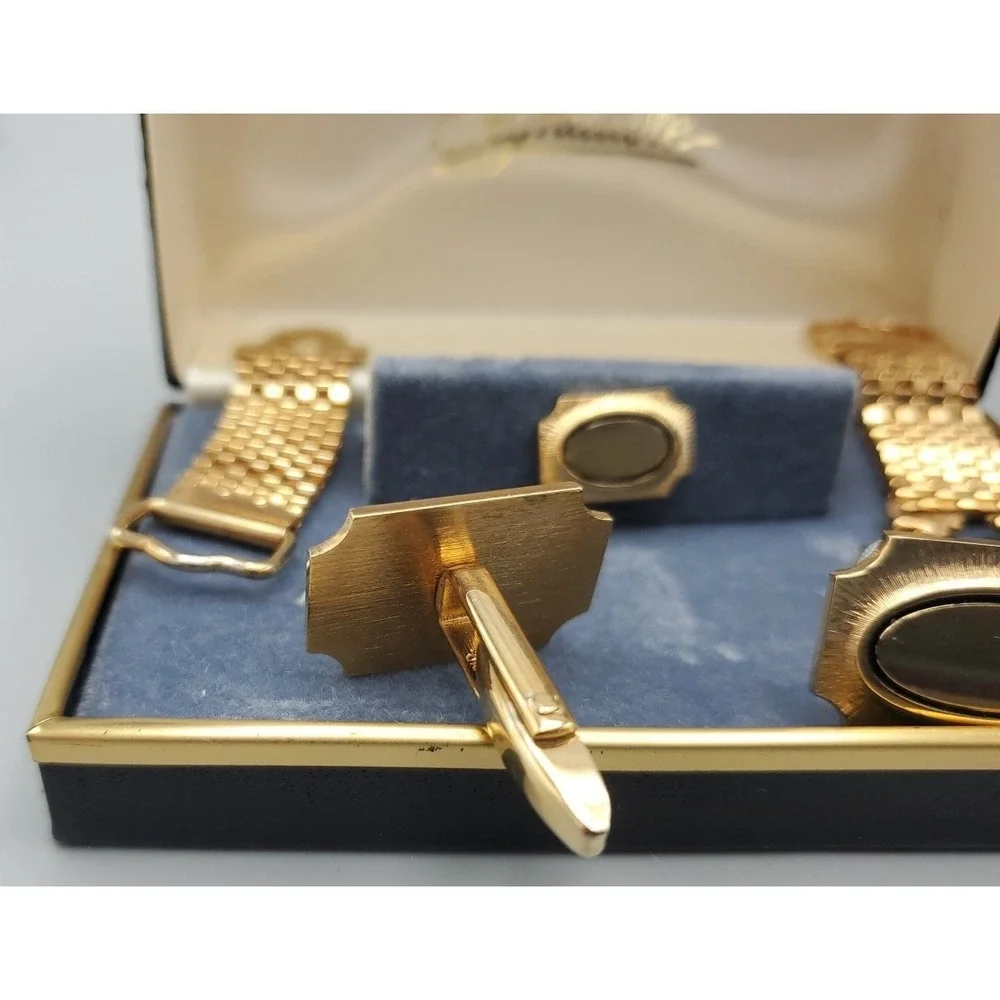 Vintage Signature 5 Piece Mesh Wrap Cuff Links Tie Tack Gold Toned Men's Jewelry